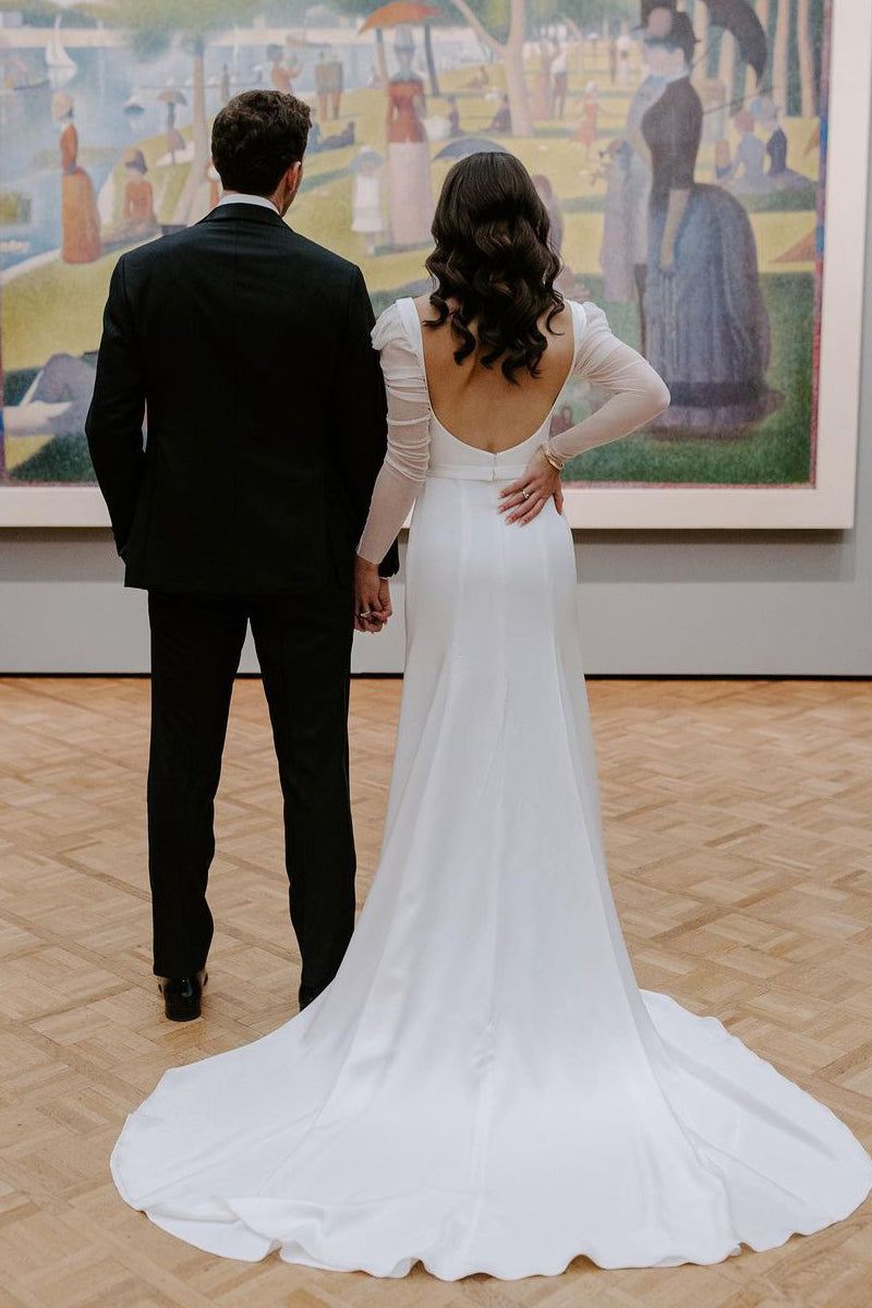 Mermaid White Satin Wedding Dress with Square Neckline and Long Sleeves
