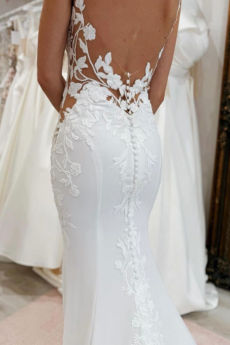 Eleagnt Mermaid V Neck Elastic Satin Wedding Dresses with Appliques LD072405