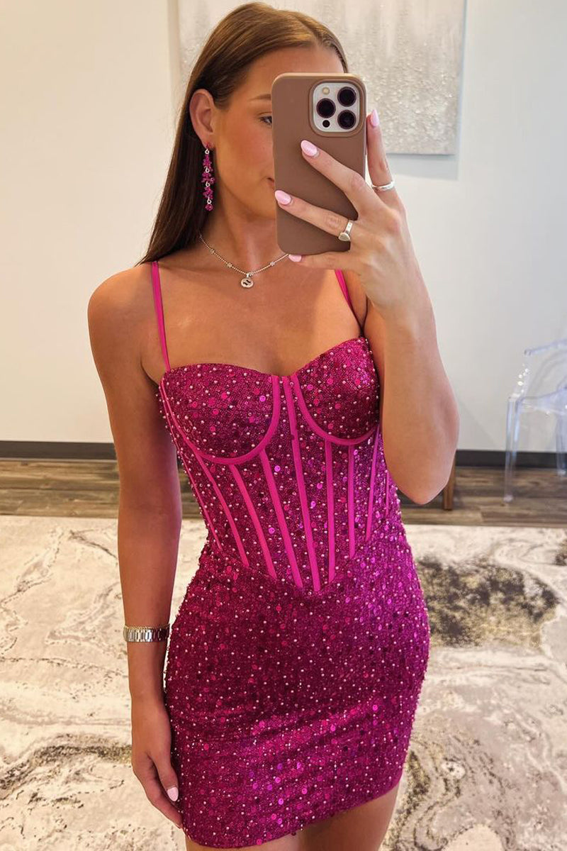 Cute Bodycon Sweetheart Fuchsia Sequins Homecoming Dresses LD071204