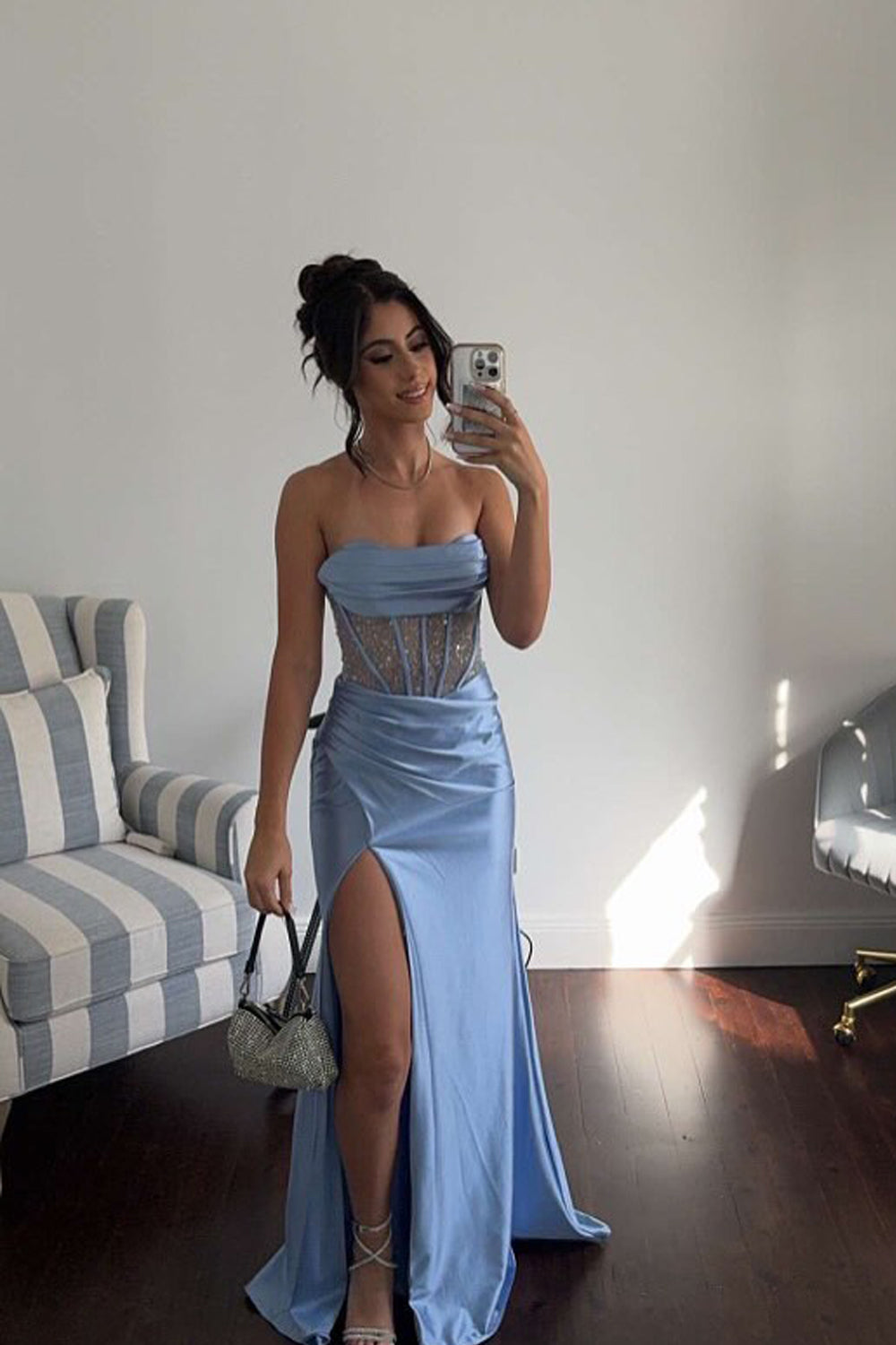 Charming Mermaid Light Blue Satin Prom Dress with Straps and Slit
