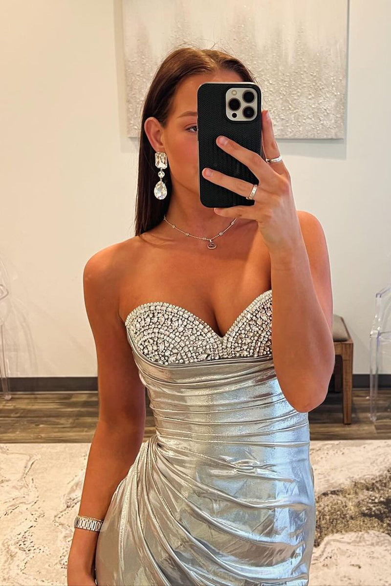 Sparkly Mermaid Sweetheart Silver Long Prom Dress with Slit LD062544