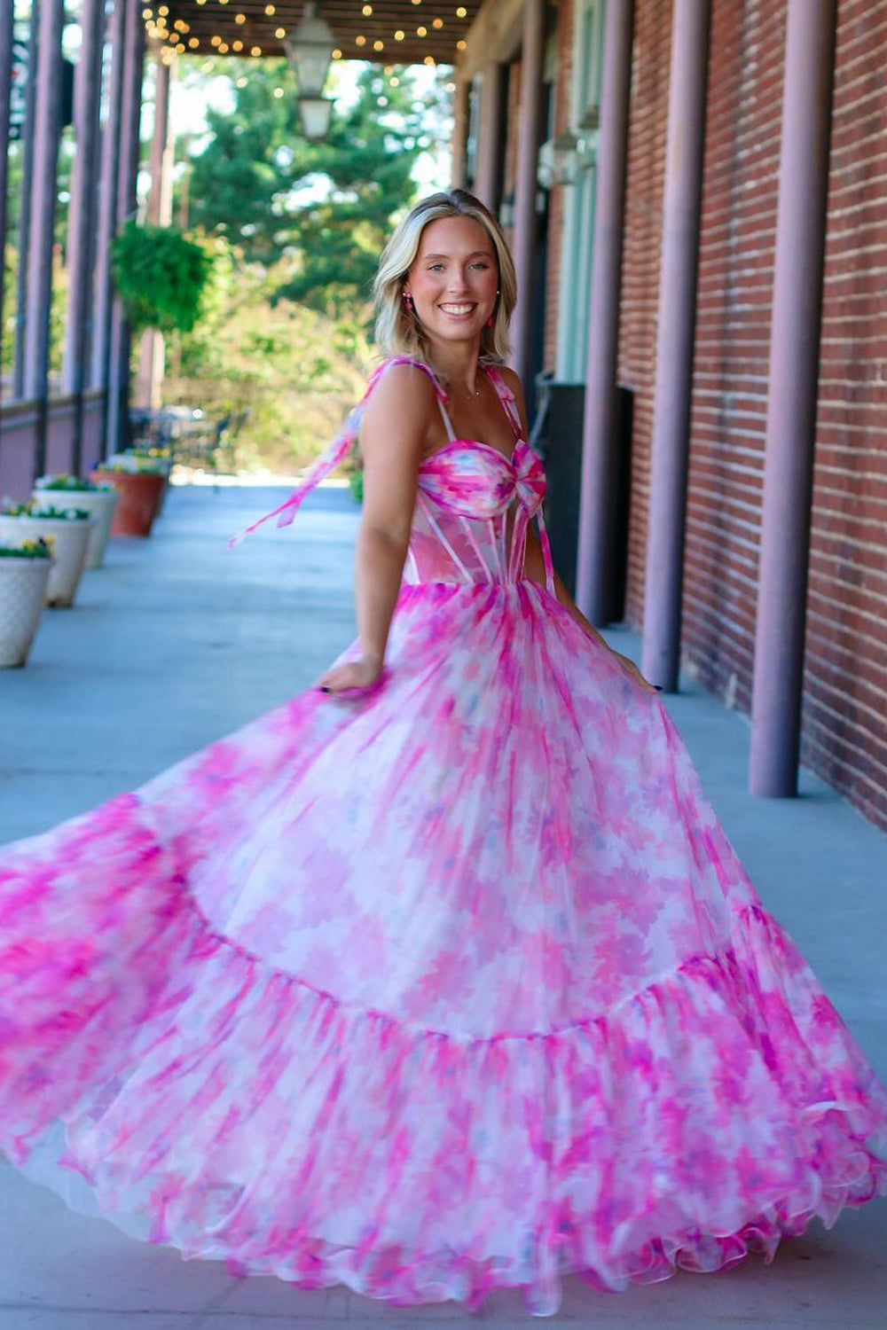 Cute Pink Printed Chiffon A-Line Long Prom Dress with Sweetheart Neckline