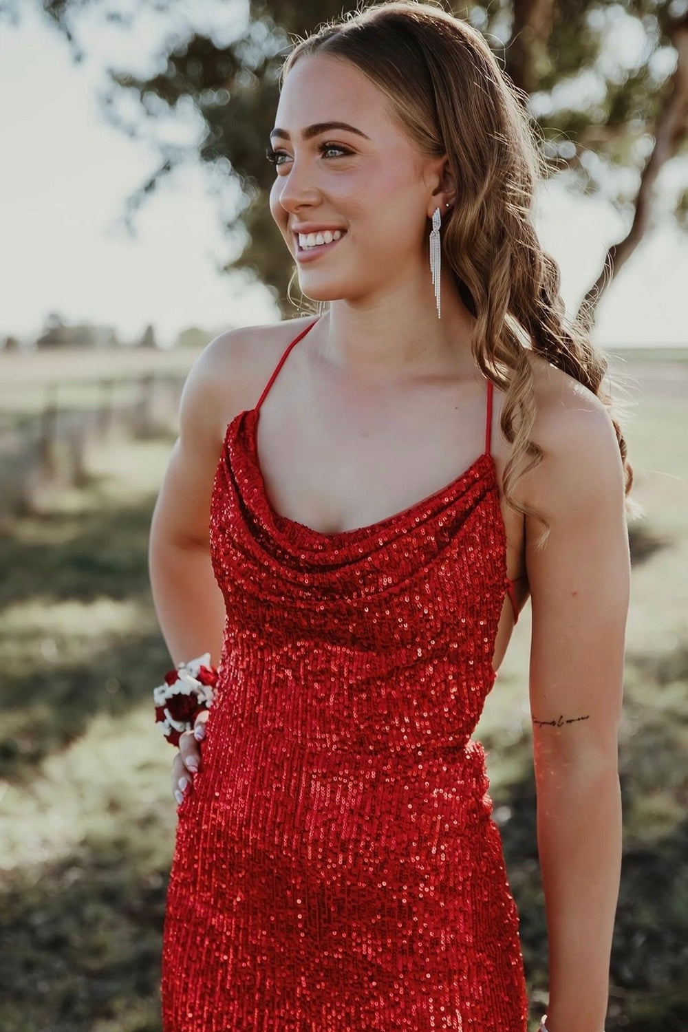 Charming Mermaid Cowl Neck Sequins Prom Dress with Slit
