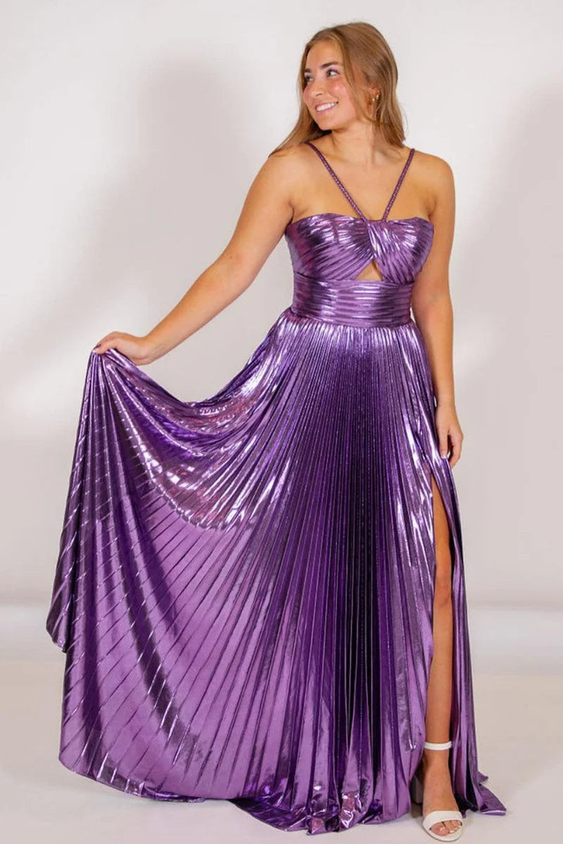 Long Metallic Spaghetti Strap Prom Dress with Keyhole and Slit