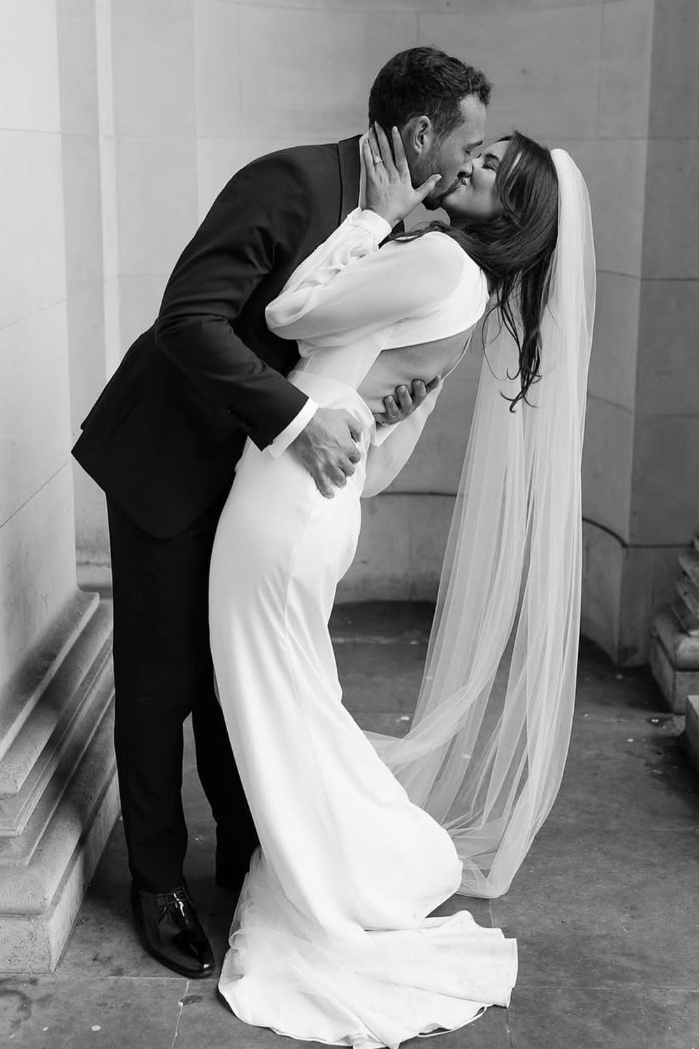 Elegant Sheath V-Neck Satin Wedding Dress with Long Sleeves