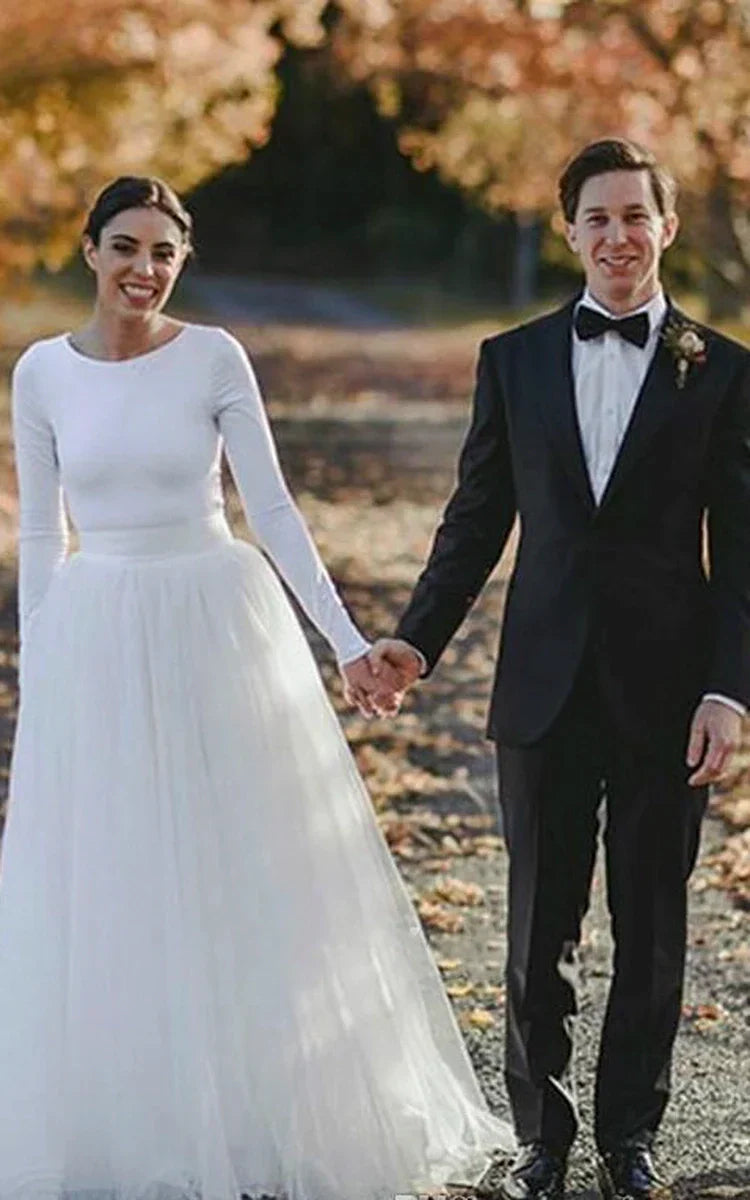 Elegant Long Sleeve Fitted Jersey and Tulle Wedding Dress