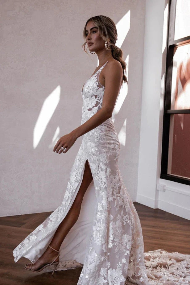 Boho V-Neck Lace Mermaid Wedding Dress with Slit