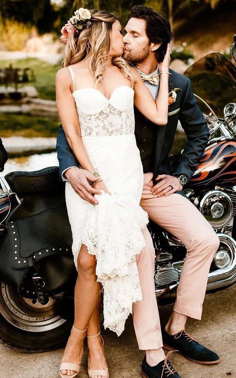 Mariana | Elegant Lace Mermaid Wedding Dress with Spaghetti Straps, Illusion Neckline, and Front Split