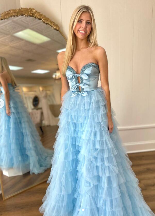 Peggy | Black Strapless Long Prom Dress with Bow and Ruffle Accents