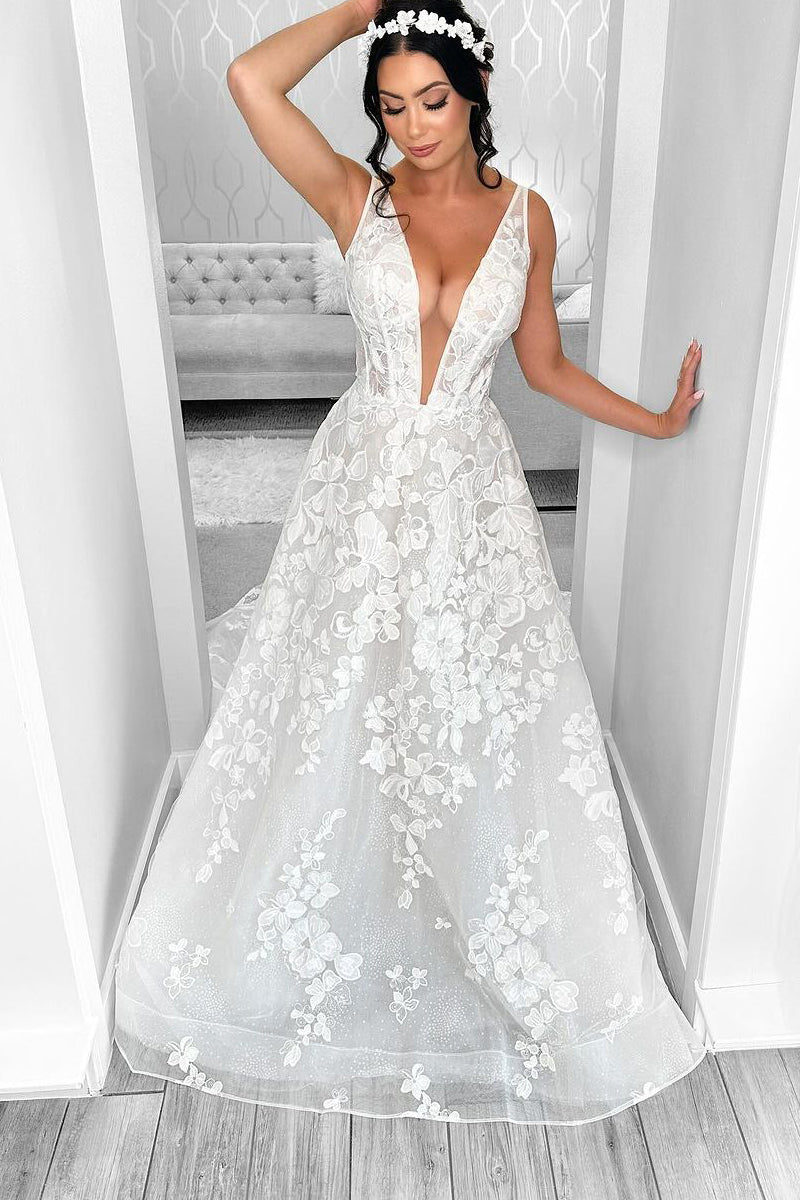 Sparkling A-Line V-Neck Wedding Dress with Floral Appliqués