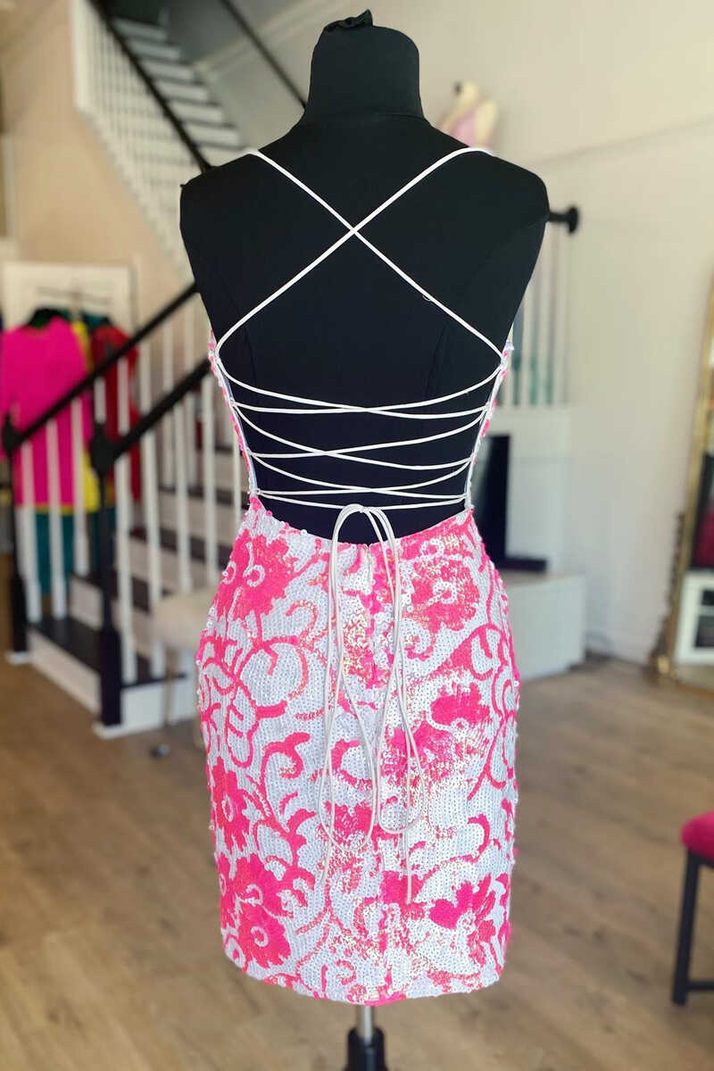 Cute Bodycon V Neck Pink Sequins Mini Homecoming Dress LD062541