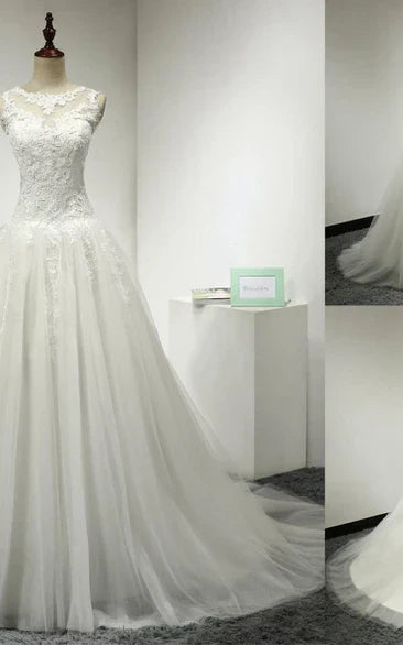 A-Line Tulle Bridal Gown with Lace Bodice and Dropped Waist