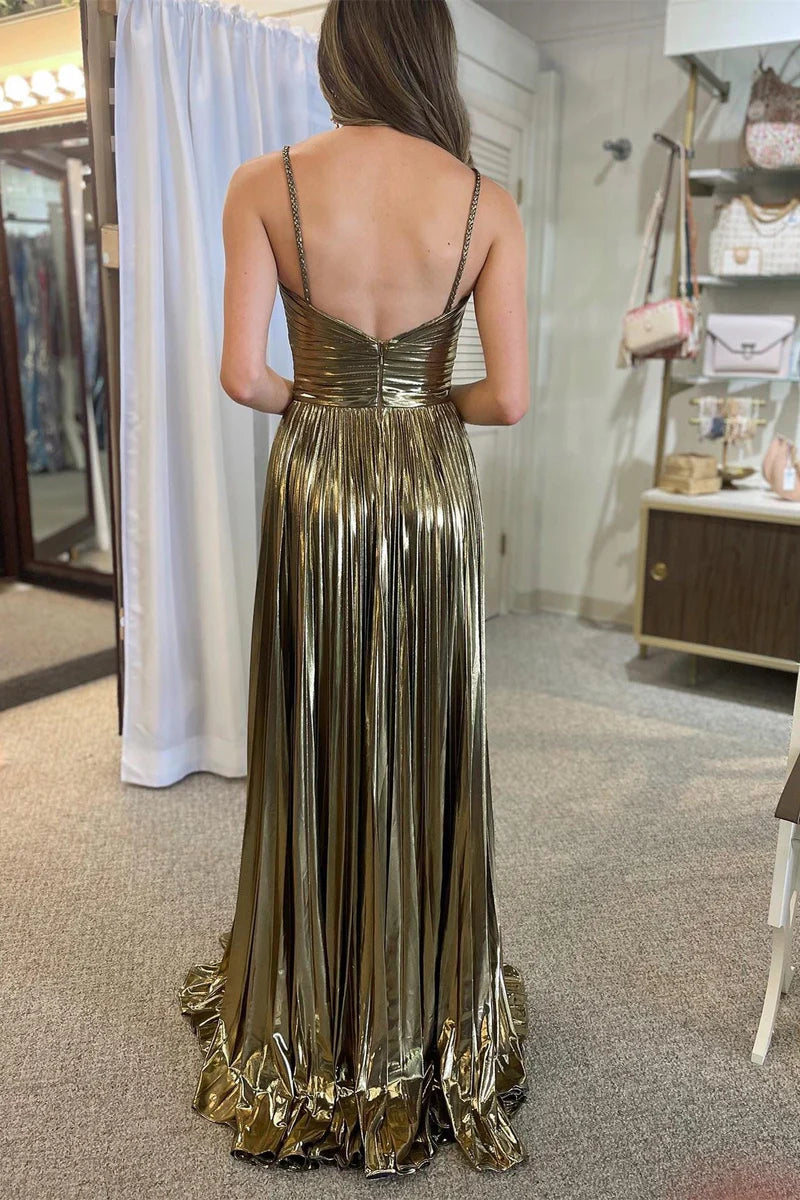 Long Metallic Spaghetti Strap Prom Dress with Keyhole and Slit
