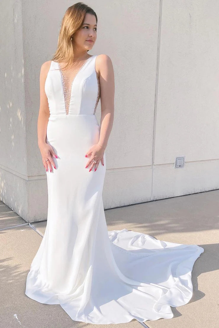 Elegant White Mermaid V-Neck Satin Wedding Dress with Chapel Train