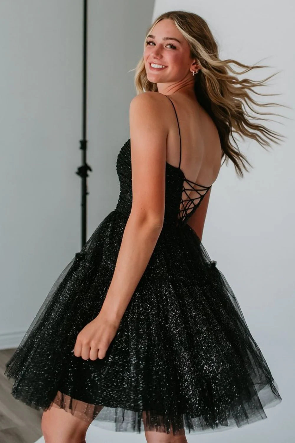 Cute A-Line Spaghetti Straps Black Sparkly Tulle Short Homecoming Dresses LD072201