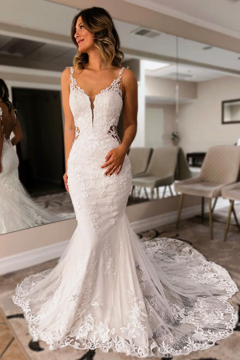 Charming Mermaid V Neck Lace Wedding Dresses with Appliques LD070205