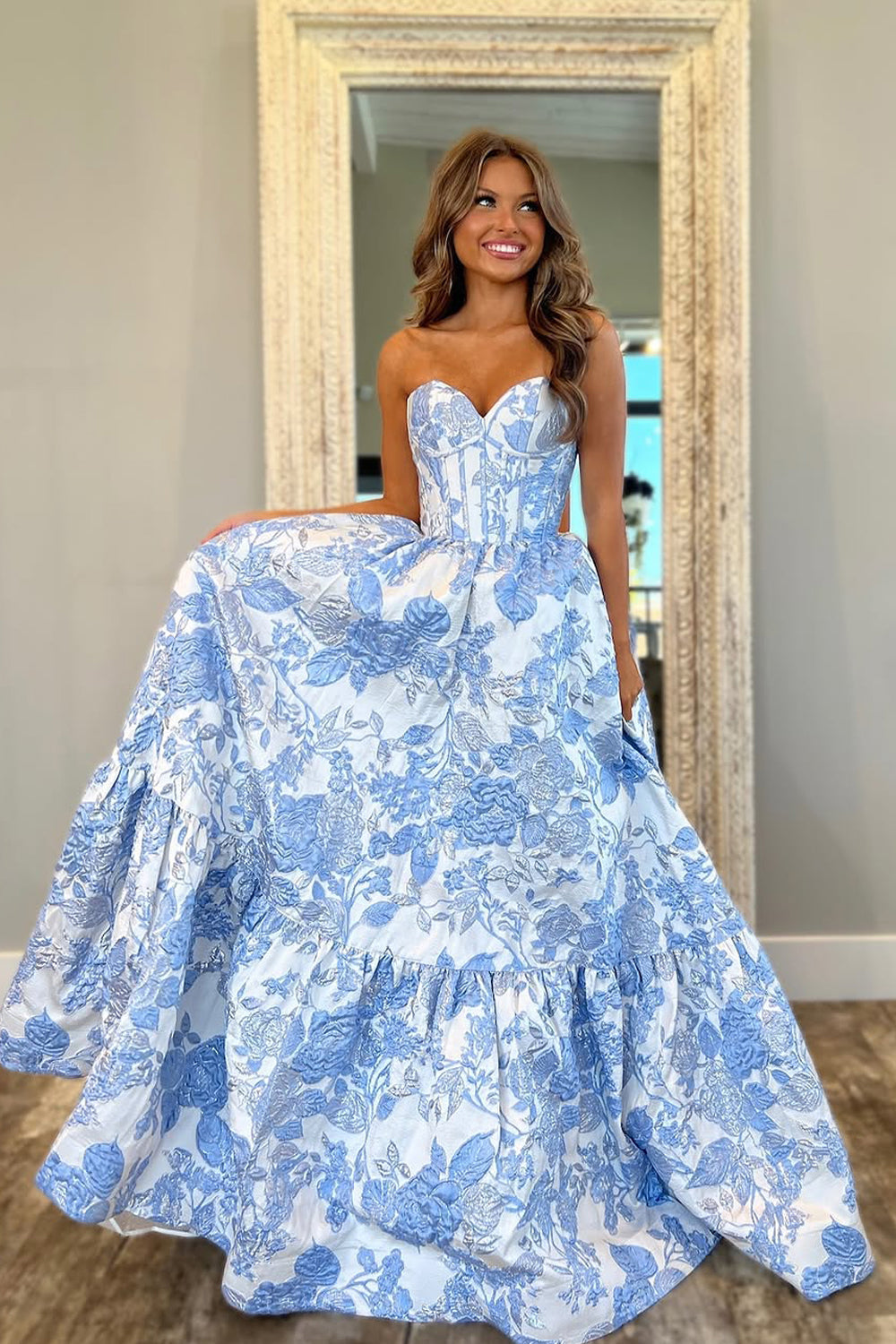 Charming A-Line Sweetheart Light Blue Jacquard Satin Prom Dress