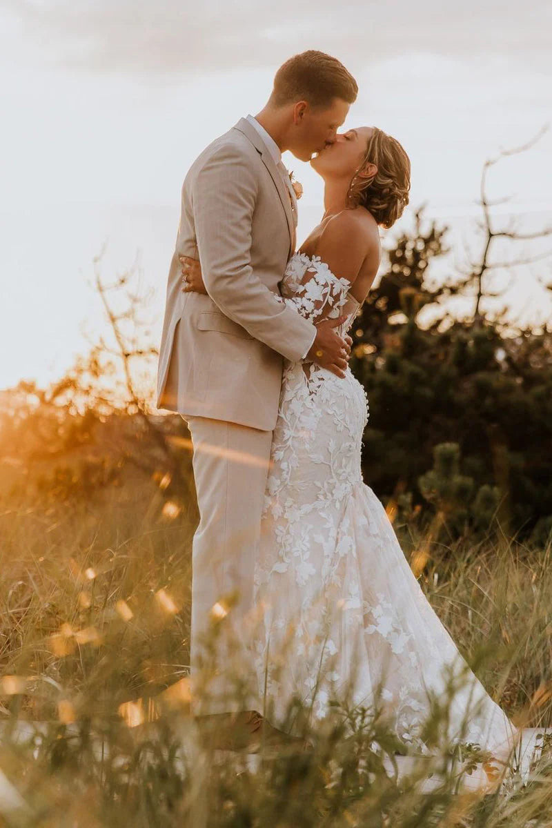 Mermaid Sweetheart Tulle Appliques Wedding Dresses with Sleeves Lace fishtail wedding tube top ld101004