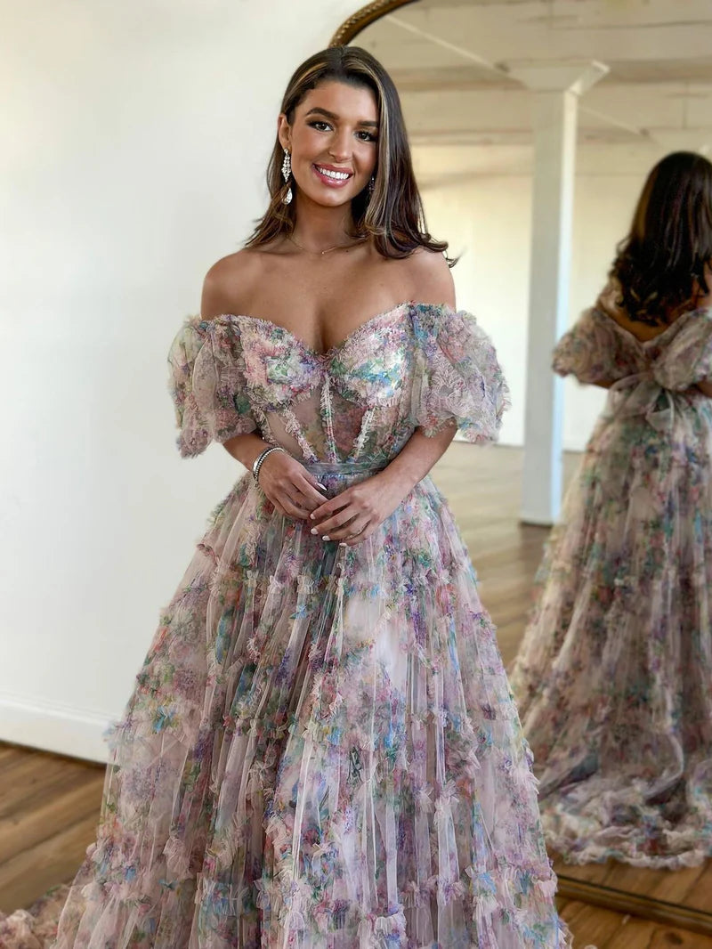 Floral Tulle A-Line Off-the-Shoulder Prom Dress