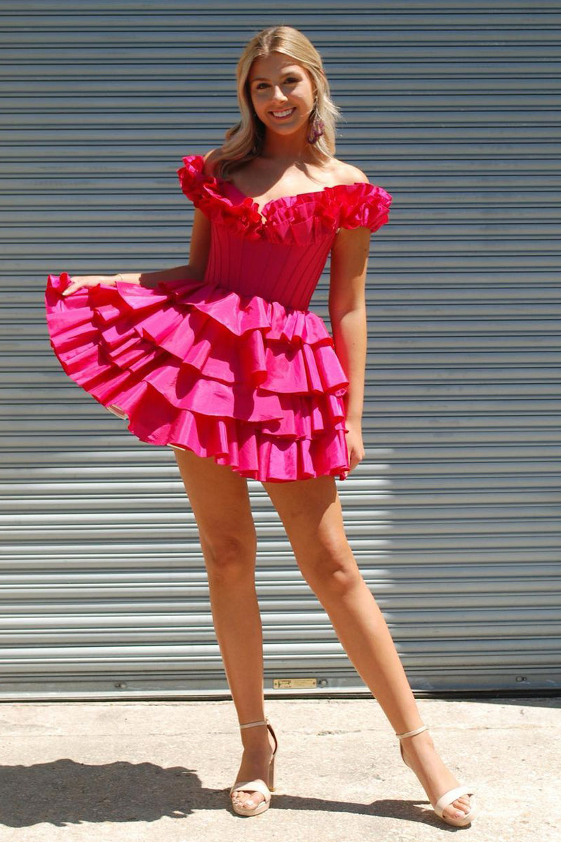 Cute A Line Off the Shoulder Ruffle Tiered Hot Pink Homecoming Dresses LD0625106