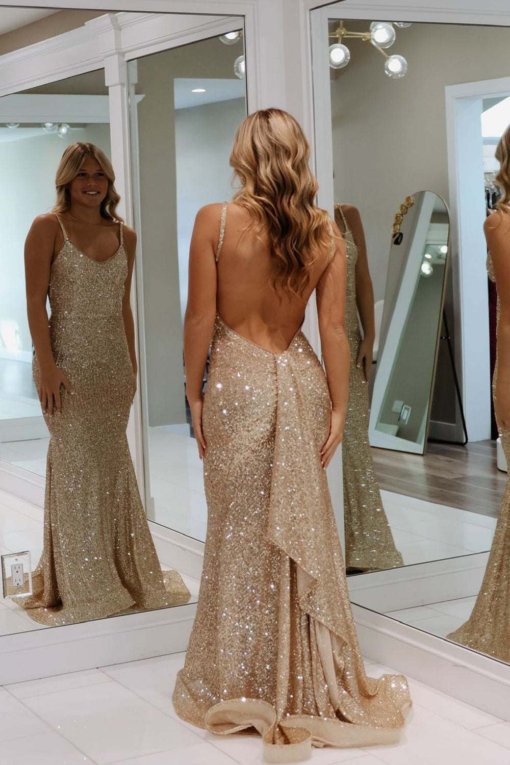 Vivienne | Charming V-Neck Champagne Sequin Mermaid Long Prom Dress