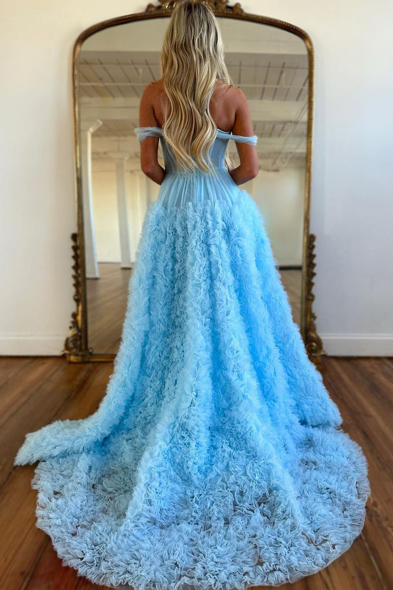 Cute A Line Off the Shoulder Ruffle Tiered Tulle Prom Dress LD062542