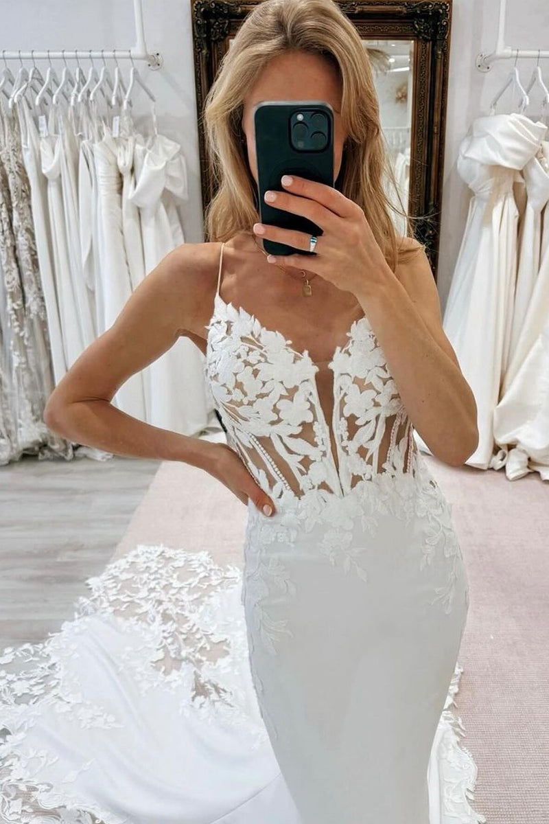 Eleagnt Mermaid V Neck Elastic Satin Wedding Dresses with Appliques LD072405
