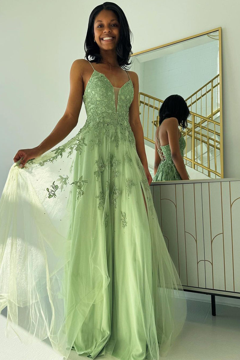 Sage Green V-Neck Tulle A-Line Long Prom Dress with Appliques Detail