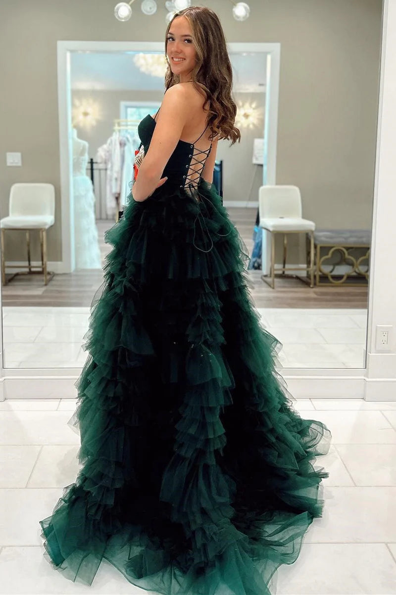 Cute Ball Gown Sweetheart Dark Green Tulle Long Prom Dress with Slit