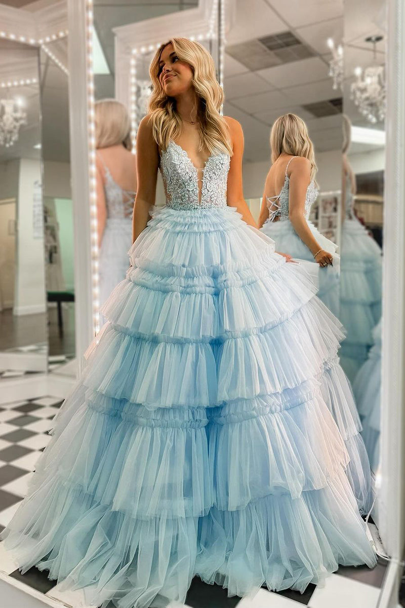 Cute Ball Gown V Neck Sky Blue Ruffle Tiered Tulle Long Prom Dress LD062585