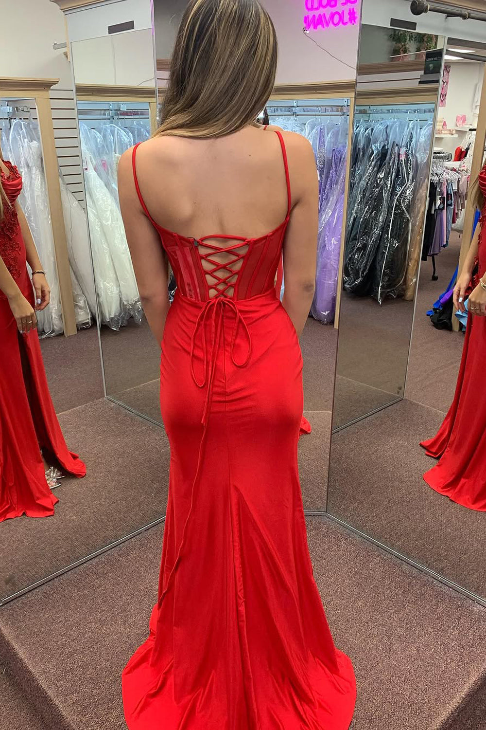 Cute Mermaid Red Satin Prom Dress with Straps and Slit