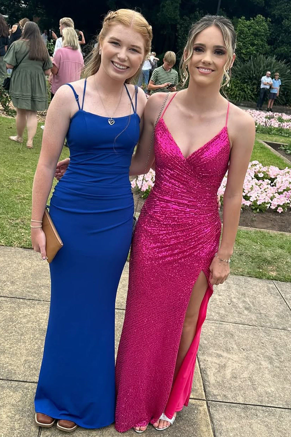 Charming Mermaid V-Neck Fuchsia Sequin Prom Dress with Slit