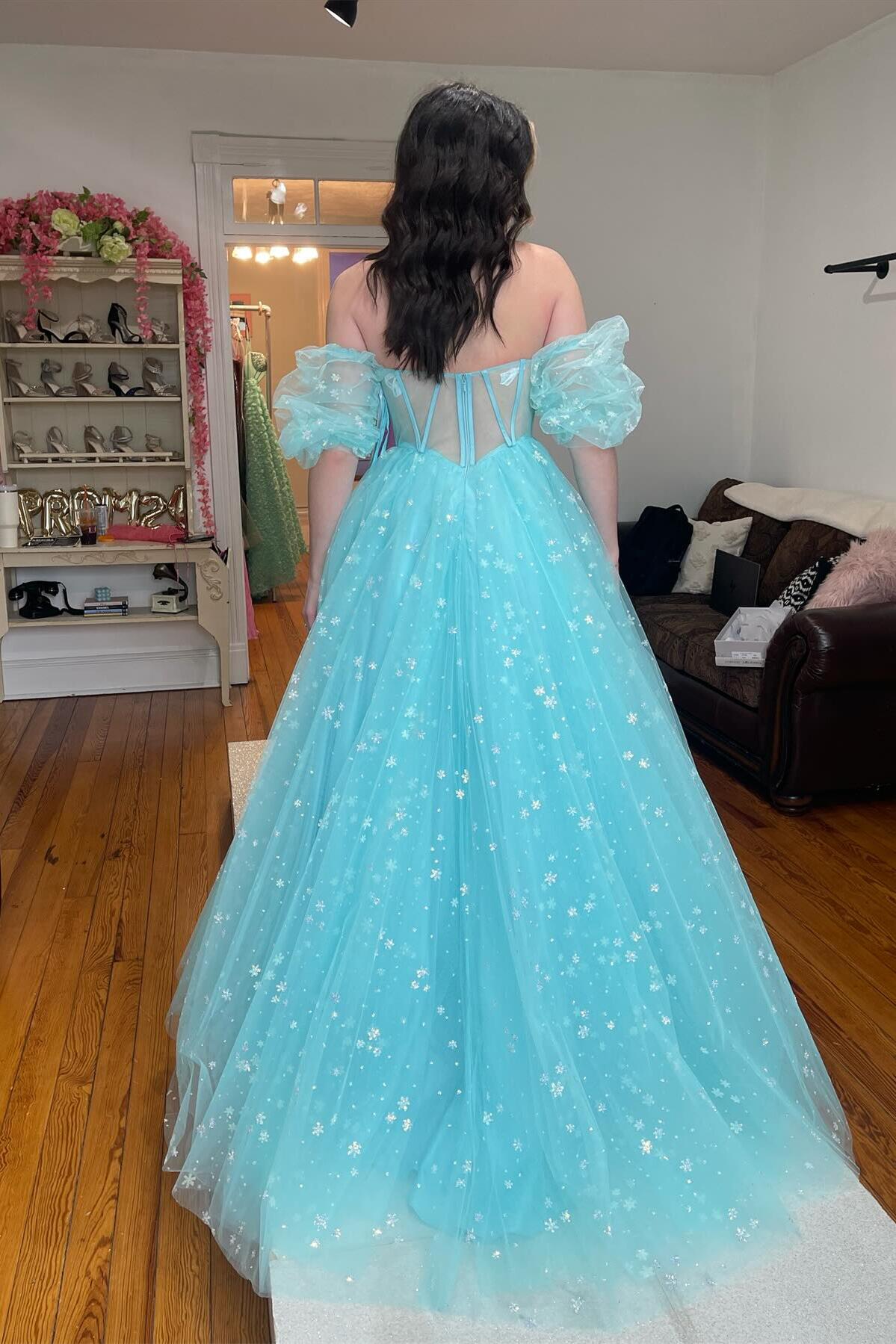 Cute Aqua Blue Tulle A-Line Prom Dress with Sweetheart Neckline