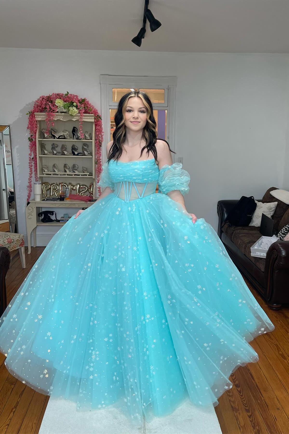 Cute Aqua Blue Tulle A-Line Prom Dress with Sweetheart Neckline