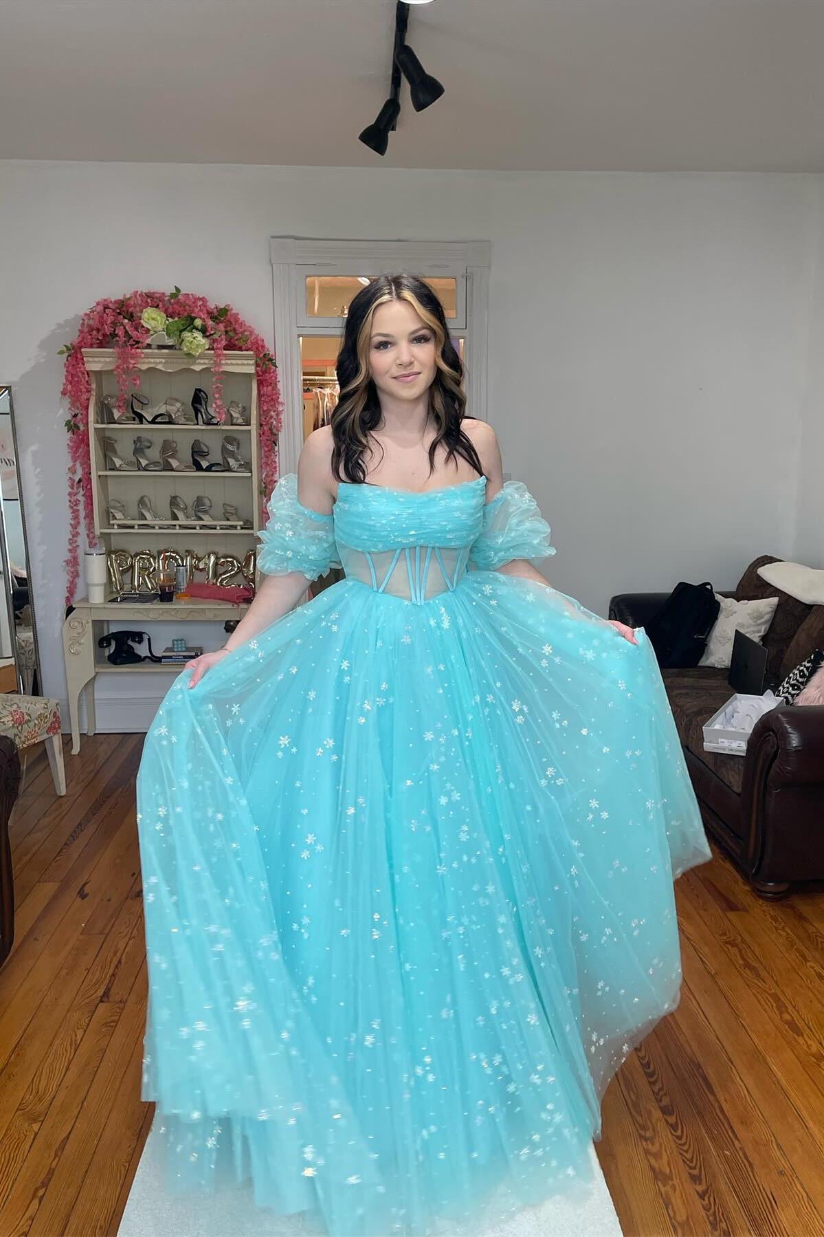 Cute Aqua Blue Tulle A-Line Prom Dress with Sweetheart Neckline