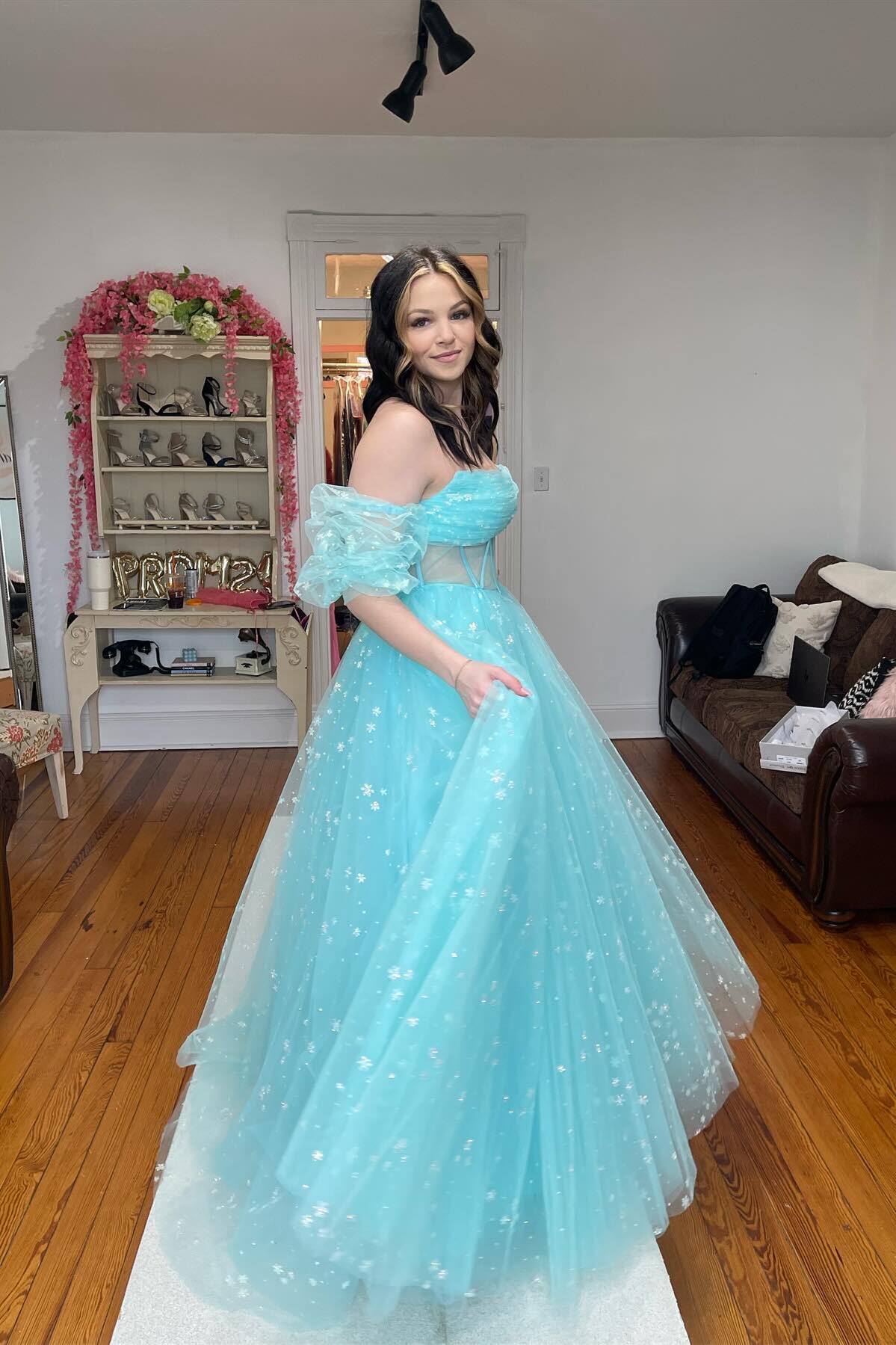 Cute Aqua Blue Tulle A-Line Prom Dress with Sweetheart Neckline