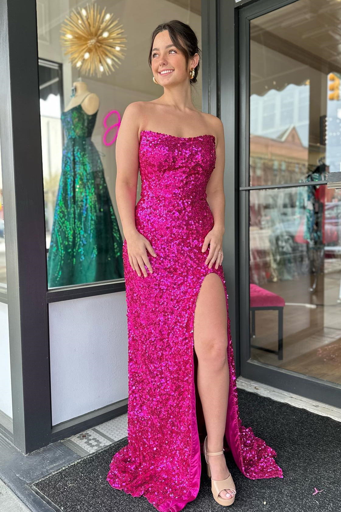 Fuchsia Strapless Sequin Long Prom Dress with Side Slit