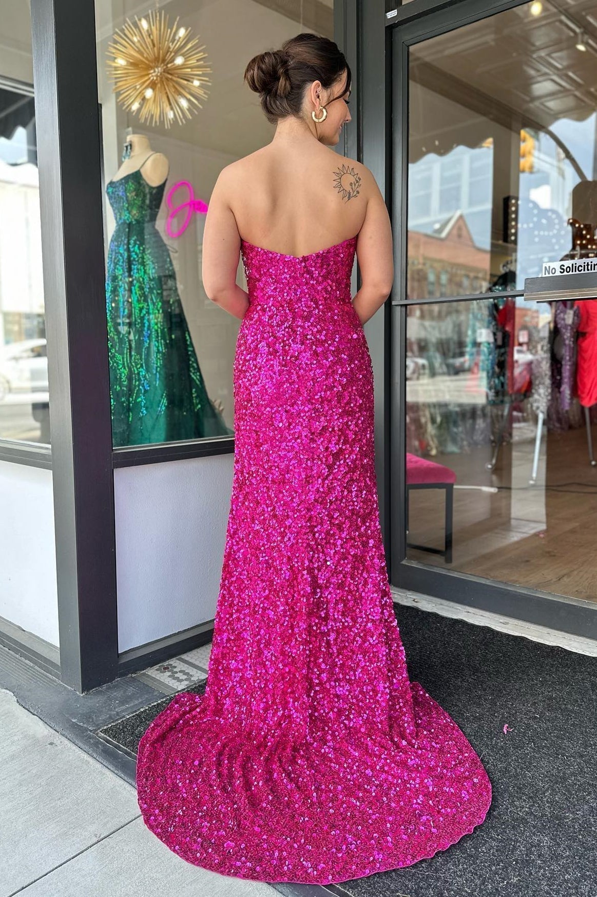 Fuchsia Strapless Sequin Long Prom Dress with Side Slit