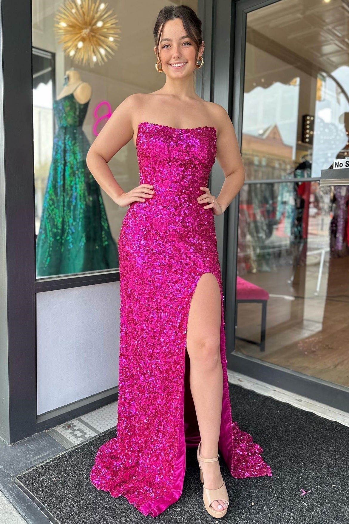 Fuchsia Strapless Sequin Long Prom Dress with Side Slit
