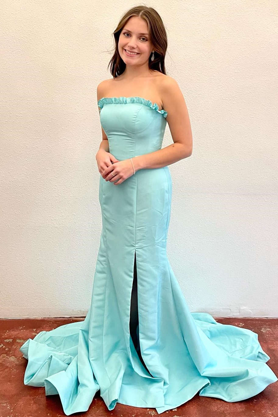 Denver | Magenta Strapless Ruffle Mermaid Prom Dress with Slit