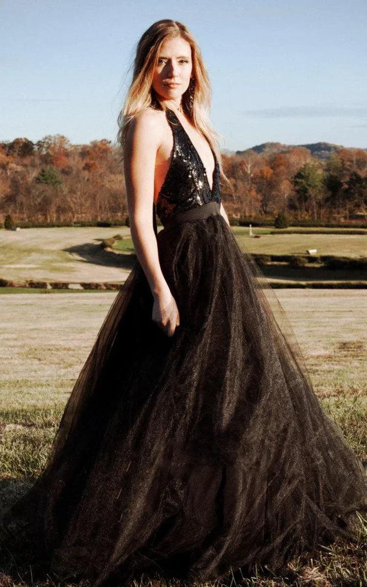 Sexy Black Halter Backless Tulle Wedding Dress with Sequins
