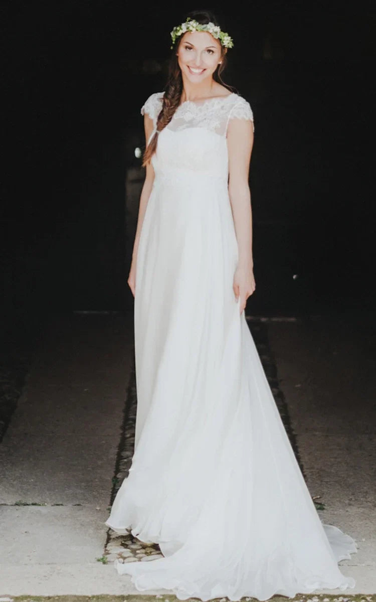 High-End A-Line Jewel Neck Chiffon Wedding Dress with Appliqués and Sweep Train