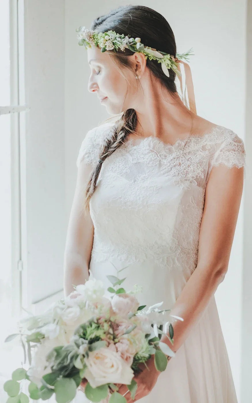 High-End A-Line Jewel Neck Chiffon Wedding Dress with Appliqués and Sweep Train