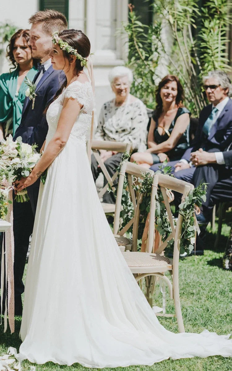High-End A-Line Jewel Neck Chiffon Wedding Dress with Appliqués and Sweep Train