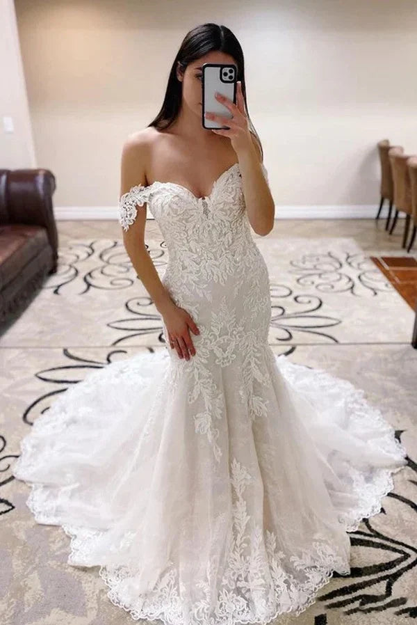 Off-the-Shoulder Lace Appliqué Mermaid Wedding Dress for Beach Boho Weddings