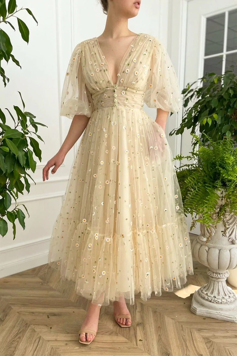 Elliott | A-Line V-Neck Engagement Dress with Sea of Daisies, Half Sleeves, and Pleats