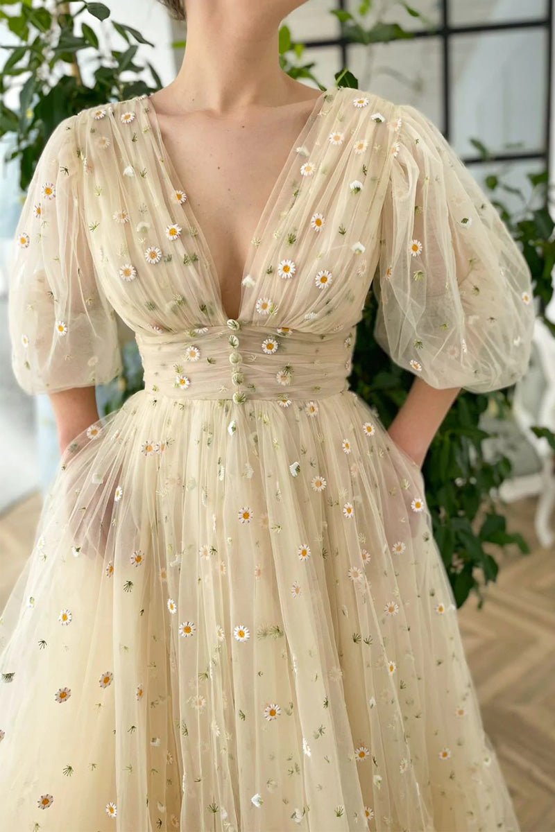Elliott | A-Line V-Neck Engagement Dress with Sea of Daisies, Half Sleeves, and Pleats