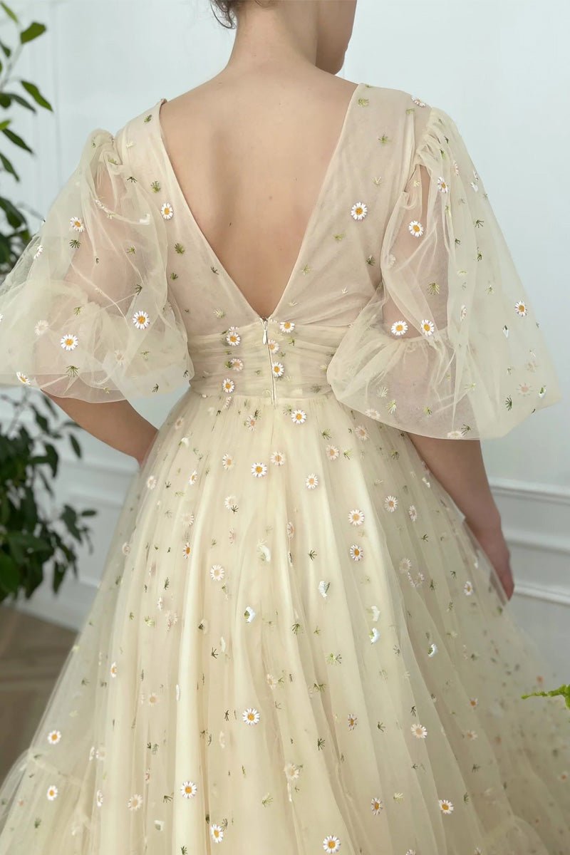 Elliott | A-Line V-Neck Engagement Dress with Sea of Daisies, Half Sleeves, and Pleats