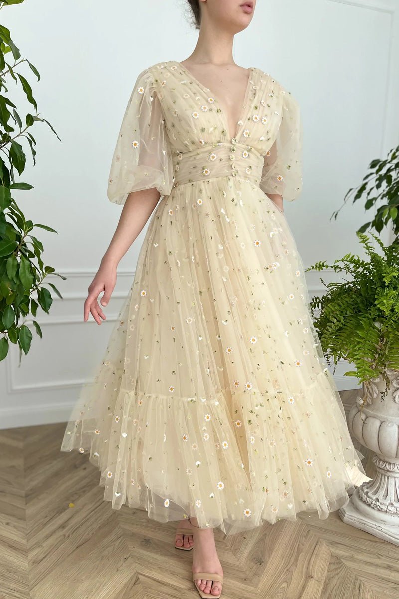 Elliott | A-Line V-Neck Engagement Dress with Sea of Daisies, Half Sleeves, and Pleats