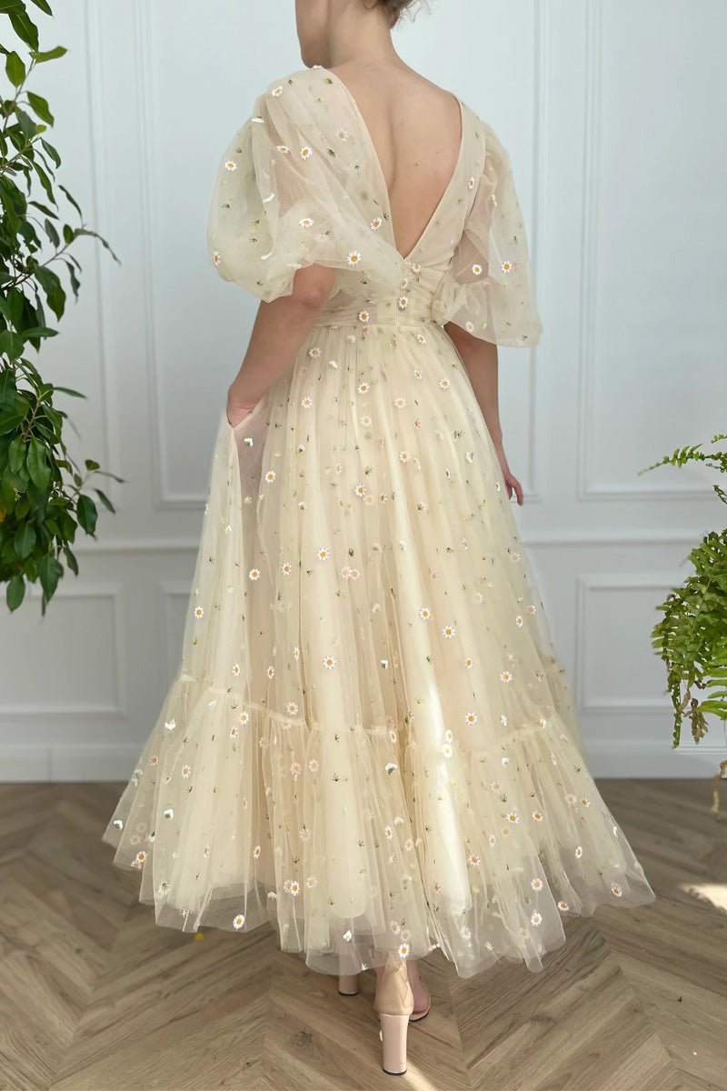 Elliott | A-Line V-Neck Engagement Dress with Sea of Daisies, Half Sleeves, and Pleats